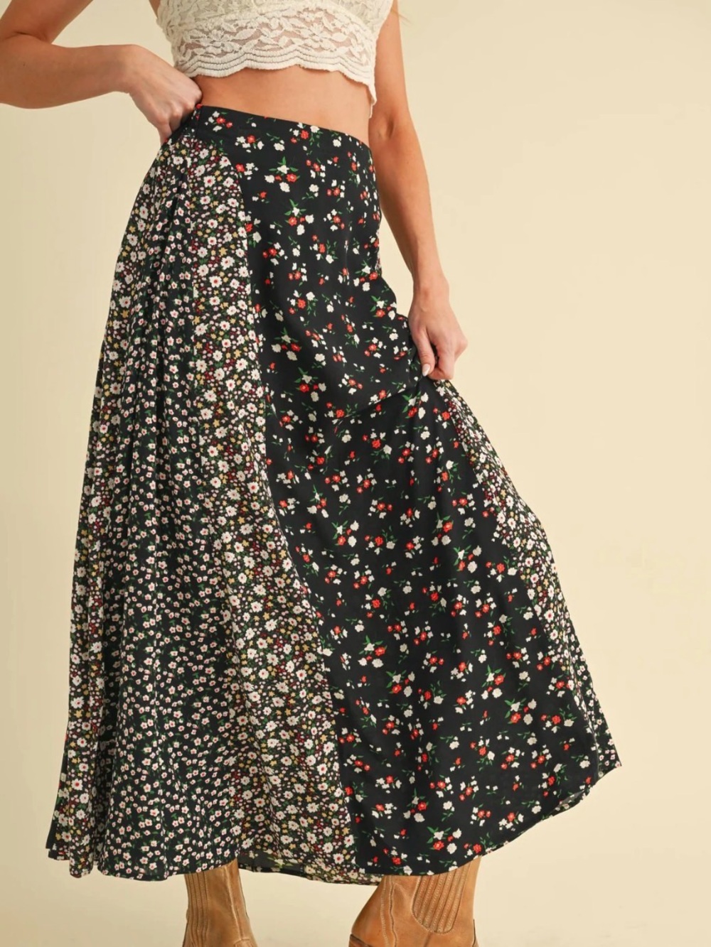 NWT AEMI + CO black mixed flower patchwork maxi skirt